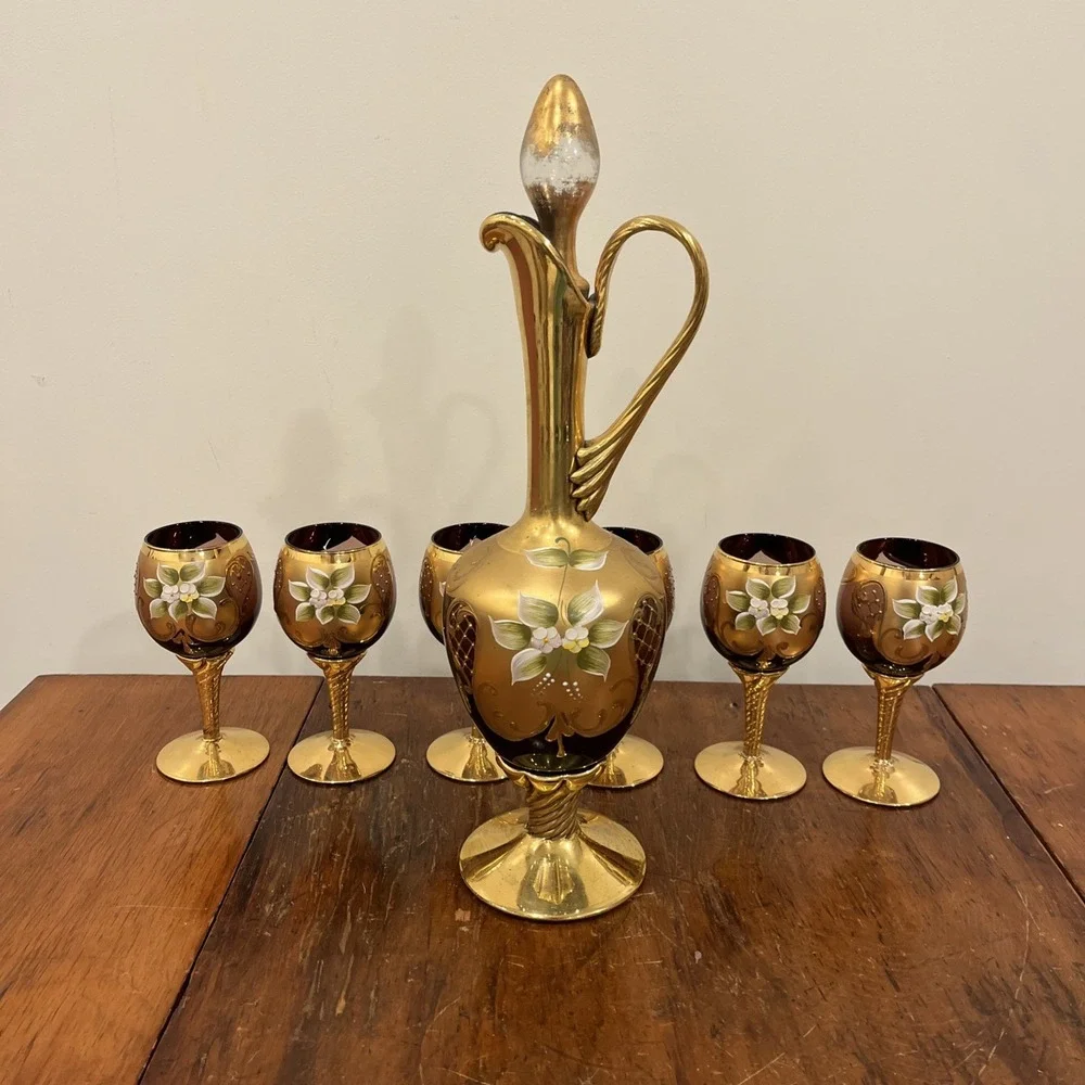 Vtg Tre Fuochi Italian Venetian Murano Glass Amber 24K Gold Floral Decanter Set